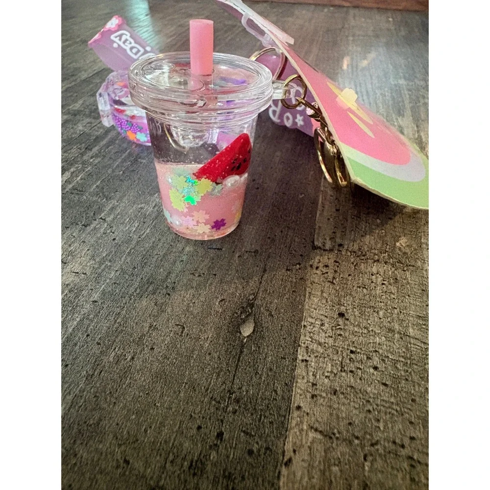 2PC Liquid Shake Keychain Set Heart Grape Watermelon Bubble Tea Kawaii Charms